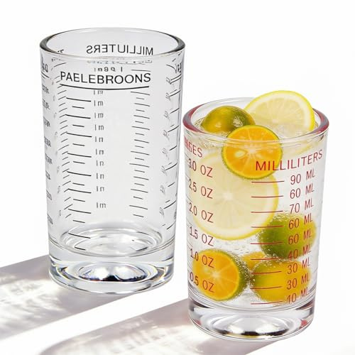 Byfoyif 2 Pcs Verre Doseur Cocktail 120ml et 90ml, Gobelet Doseur Gradué en Verre sans BPA, Petits Verres Mesureur Cuisine Transparents, Verre Gradué Liquide, pour Mojito Sirops Huiles Arômes Alcool