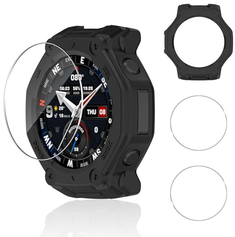 Aerku Funda para Amazfit T-Rex 3 Pro 48MM, 9H HD Cristal Templado Protector de Pantalla*2, Anti-Choque Parachoques Anti-rasguños Protector Silicona suave Marco Funda - Negro | 9H HD Cristal Templado Protector de Pantalla*2, Anti-Choque Parachoques Anti-rasguños Protector Silicona suave Marco Funda