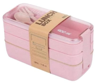 CUTLERIA Stackable Bento Adults Lunch Box | Japanese Lunch Box Kit with Spoon & Fork | 3-In-1 Compartment Wheat Straw Meal Prep Containers for Kids & Adults (Pink)