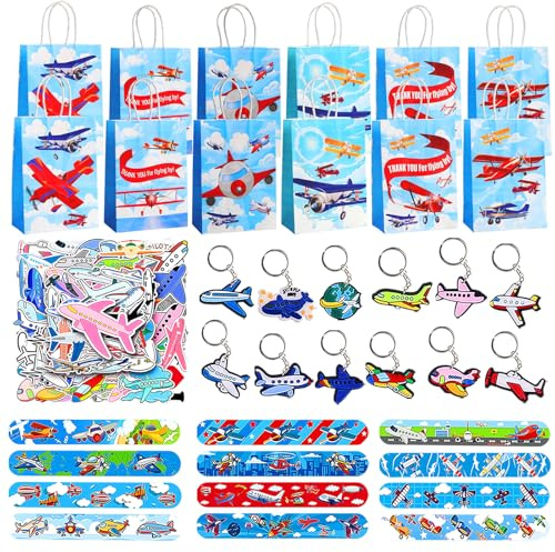 Eymobad 86 PCS Flugzeug Party Gastgeschenke Flugzeug Thema Supplies 12 pcs Goodie-Tüten 12 pcs Flugzeug-Schlüsselanhänger 12 pcs Schlagarmbänder für Partys 50 pcs Aufkleber