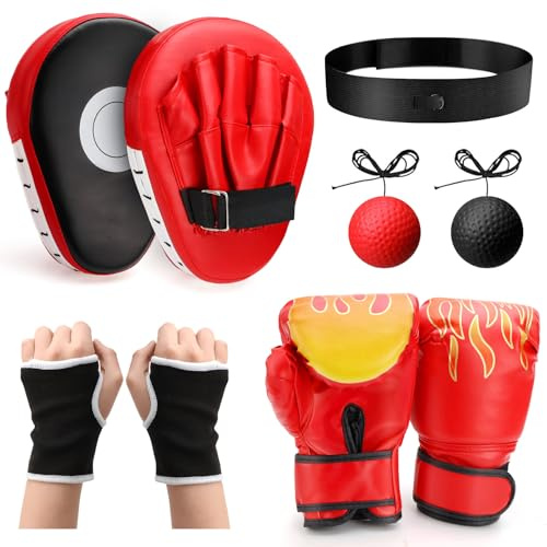 AFAIK 4-in-1 Boxhandschuhe und Pratzen Set für Kinder und Jugendliche | Boxen Training Set mit Boxhandschuhe Gebogene Handpratzen Reflexball und Handbandagen für Boxtraining MMA Muay Thai