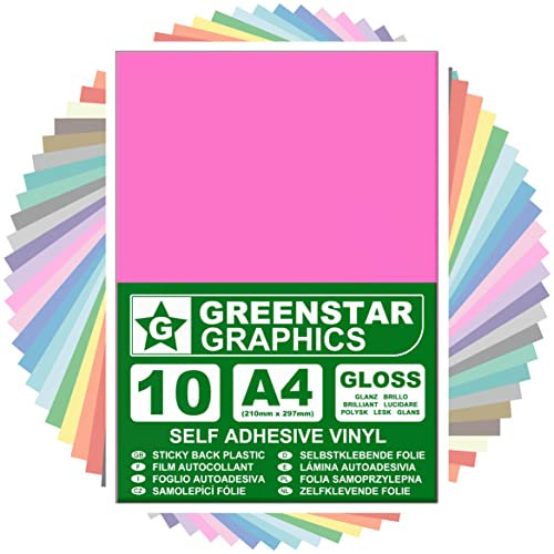 A4 VINYLFOLIE SELBSTKLEBENDEFOLIE (10 BLÄTTER) von GREENSTAR GRAPHICS® Bastelfolie, Plotterfolie, Dekorfolie, Kunsthandwerk, Hobbys und Aufkleber, Kompatibel mit Schneideplotter (ROSA GLÄNZENDE A4)