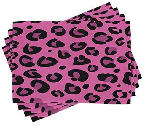 ABAKUHAUS Hot Pink Platzmatten, Leopard Tierhaut Muster Formen Im Abstrakten Art Wilden Safari Dschungel Thema, Waschbare Stoff Esszimmer Küche Tischdekorations Digitaldruck, Schwarz Pink
