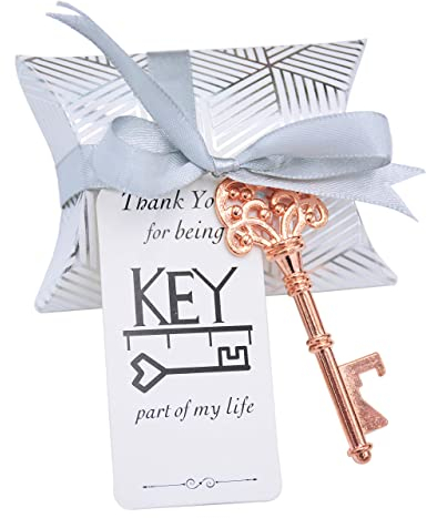 Makhry 50pcs Wedding Favours for Guests Key Bottle Openers Gift Set with Candy Box Gift Tag Silky Ribbon (Rose Gold)