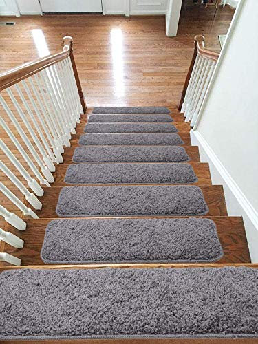Soft Shaggy Carpet Stair Treads NON-SLIP MACHINE WASHABLE Mats/Rugs, 22x67cm, 30mm Thickness (Grey, 15)