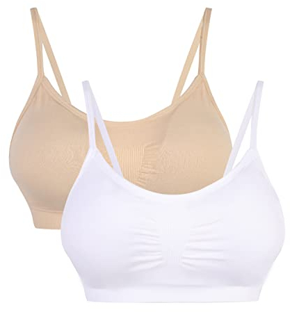 Vertvie Womens Strech Duenn Ohne Buegel Push up Yoga Sports BH Bra Top Set Fuer Fitnesstraining Polsterung 2er/3er Pack(Weiß + Hautton, Größe S/Etiketten M)