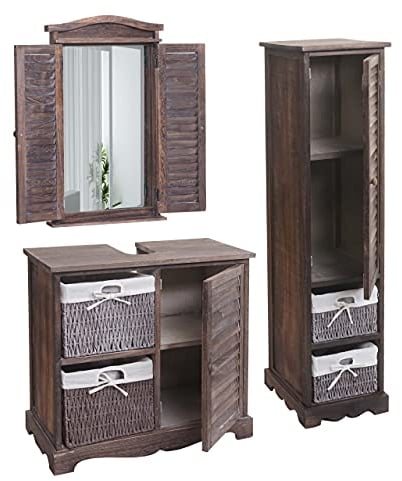 Mendler Badezimmerset HWC-H20AM, Badmöbel-Set Hochschrank Waschbeckenunterschrank Wandspiegel - Shabby braun
