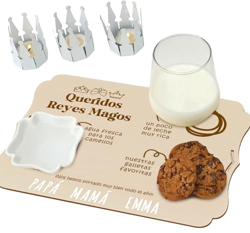 nagu® Bandeja Reyes Magos y Papá Noel. Tabla Personalizada con Nombres con Espacio para Leche y Galletas y Agua para Camellos y Zanahorias para los Renos. Diseño Único y Exclusivo 22x30 cm Doble Cara