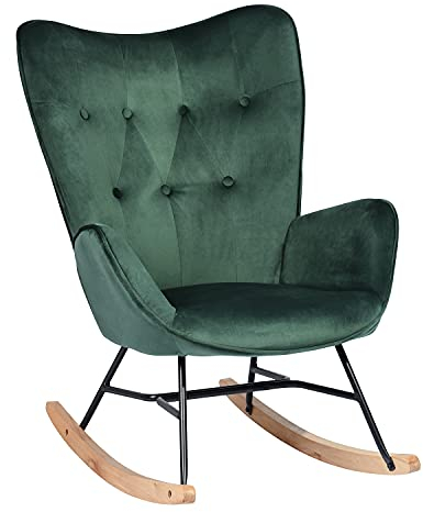 MEUBLE COSY Schaukelstuhl Sessel Schaukelsessel Stillstuhl Schwingstuhl mit Armlehnen Gepolsterter Sitzfläche für Wohnzimmer Schlafzimmer, Balkon, Samt und Holzkufen, Bis 120 kg Belastbar, Grün