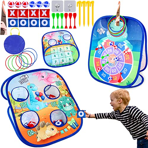 Dartscheibe Wurfspiel Gartenspiele für Kinder - 5 in 1 Dinosaurier Dartspiel mit Dart,Sitzsack,Klettballe,Ring toss Dreiseitiges Zusammenklappbar Montessori Spielzeug Bean Bag Toss Game Set