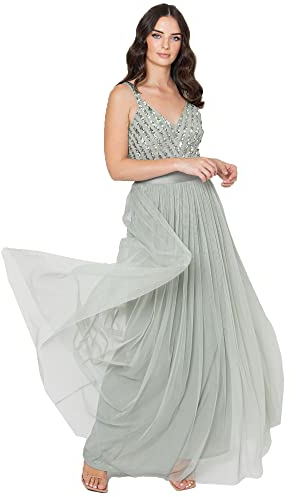 Maya Deluxe Women's Ladies Maxi Dress Long Length Wedding Guest Bridesmaid Prom Summer Evening Gown V Neck Straps Bow Tie, Green Lily, 24
