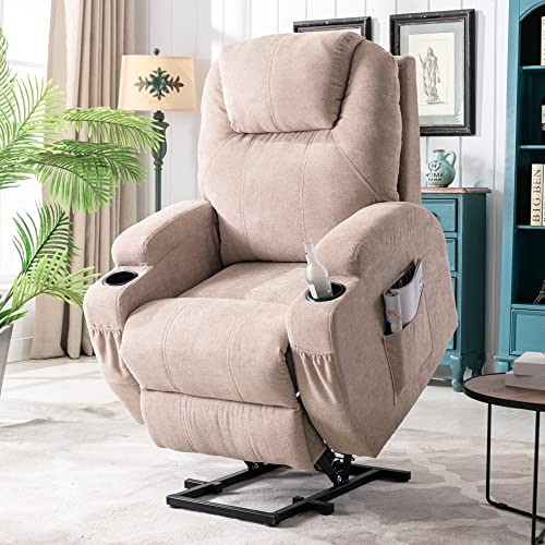 LTGB Power Lift Recliner Chair Massage Chair for Elderly, Electric Lift Chair with Heat and Massage, Fabric Recliner Sofa with 2 Cup Holders, Side Pockets & Remote Control for Living Room, Light Brown