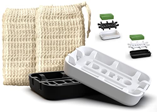 EDARTO® 2 jaboneras sostenibles, ecológicas de Fibra de bambú y almidón de maíz, con Bandeja de Recogida y Rejilla de Goteo + 2 Bolsas de jabón de sisal 100% Natural