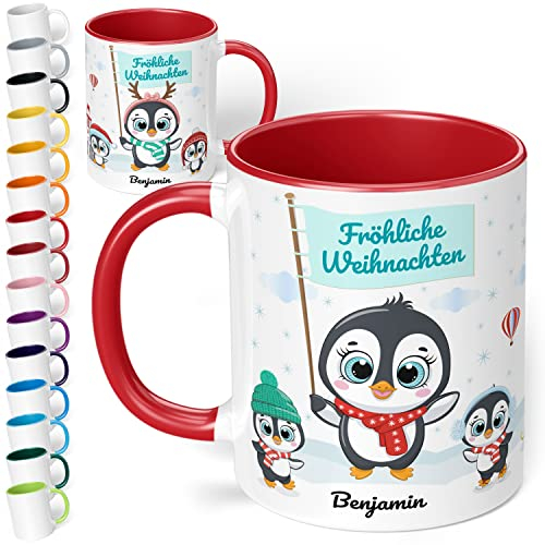 True Statements Weihnachtstasse mit Namen personalisiert „Fröhliche Weihnachten“ - mit Pinguin-Motiv - 330ml Keramik Kaffeebecher mit Spruch - Geschenk zu Weihnachten (Rot)