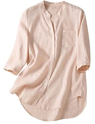 Susenstone Chemise Femme Coton et Lin Chic et Élégant Chemisier Casual Confortable Dentelle Couleur Unie T-Shirt Décontracté Tops Manche 3/4 Shirt Blouse Ample Col V Été T Shirt Rose