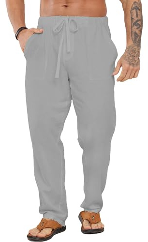 LVCBL Men's Linen Trousers Long Elastic Waist Drawstring Trouser Light Gray 3XL
