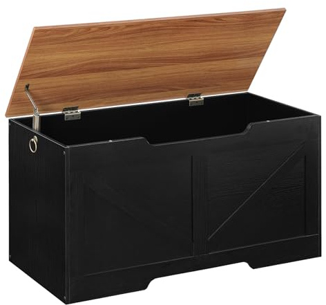 HOOBRO Storage Bench, 39.4 Retro Wooden Storage Chest with U-Shaped Cut-Out Pull, Safety Hinge, Supports 330 lb and Easy Assembly for Toy Box Organizer (Black and Walnut) BH771CW01G1