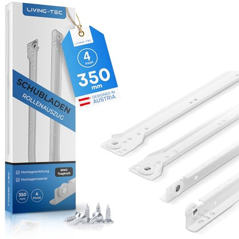LIVING TEC® Schubladenschienen 350mm - 4 PAAR Rollenauszug Weiß Teilauszug - Leichtgängiger Schubladenauszug - Schubladenauszüge in vielen Größen - Auszugsschienen Stahl 1mm stark - Auszug bis 20kg