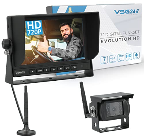VSG24 9“ Evolution HD XL Funk Rückfahrsystem für Wohnmobil & LKW, KFZ Set kabellos inkl. 2X Rückfahrkamera + Monitor, einfach zum DIY Nachrüsten 12V-24V, Kamera digital, Auto Rückspiegel Einparkhilfe