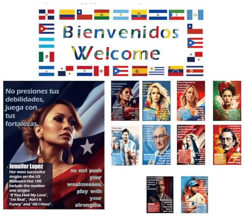 1step2dream Inspirierendes spanisches englisches hispanisches Erbe Monatsposter für Klassenzimmer, Motivationsposter für Klassenzimmer, Pinnwand-Dekoration, Schuldekorationen, 15 Stück