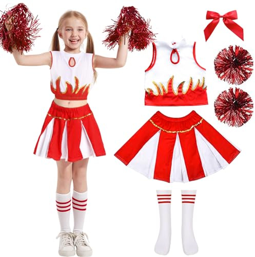 MAXHJX Cheerleader Kostüm Kinder Kleid: Faschingskostüme kinder Cheerleading - Cheer Uniformen mit Pompons Socken für Halloween Dress Up Fasching Party Kostüm