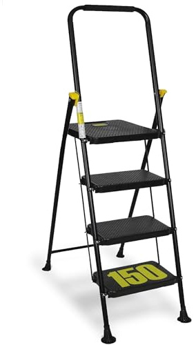 HYTAMA Trittleiter, zusammenklappbar, Steel Max, platzsparend, mit rutschfesten Stufen und weichem Gummigriff für Sicherheit, Tragkraft max. 150 kg (4 Stufen schwarz max)