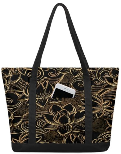 Grand sac fourre-tout luxueux avec fermeture éclair pour ordinateur portable, sac fourre-tout pour ordinateur portable, sac à bandoulière, cadeau pour femme, Fleur de lotus luxueuse, Large