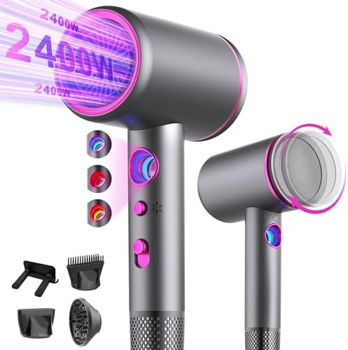 Tisoutec Föhn,Fön,Haartrockner Profi Ionen mit AC Motor 2400W Reisefön Diffusor|Haarfön 4-in-1|Heiß-/Kalttaste|3 Heiz&3 Geschwindigkeitsstufen|Hair Dryer mit Schnelle Aufheizung& Konstante Temperatur