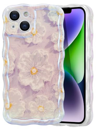 EYZUTAK Handyhülle für iPhone 14 Plus/ 15 Plus,Vintage Ölgemälde Blume Handyhülle mit Glitzer Laserblume Hülle Lockiges Wellen Rahmenform Soft TPU Case mit Anti-Kratzen Stoßfeste Schutzhülle-Lila