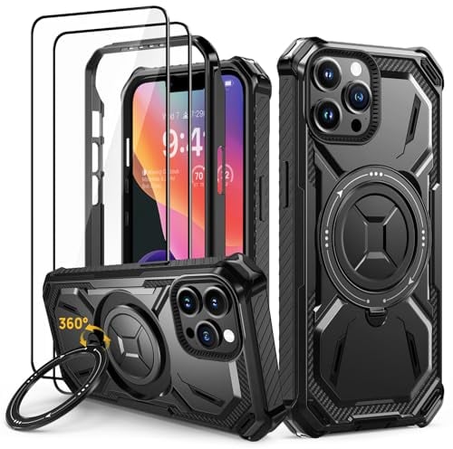 Lanhiem für iPhone 14 Pro Max Hülle, 360° Drehbarer Ring Ständer Schutzhülle [2 in 1 Doppelschutz] mit 2 Pack Panzerglas, Militärische Stoßfest Halter Handyhülle für iPhone 14 Pro Max Case, Schwarz