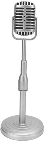 Vintage Microphone Prop Model, Creativity Simulation Microphone and Stand Set Flexible Height Adjustment Exquisite Workmanship for Photo Studio (Silver)