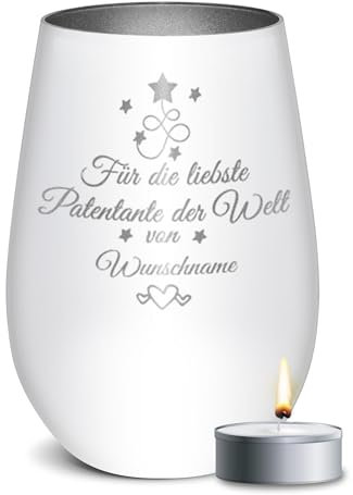 PR Print Royal Weißes Windlicht mit Gravur - Für die liebste Patentante - mit Name Personalisieren - Geschenk für für Patentante | Individuelle Gravur inkl. Teelicht, 450 ml, Innen Silber