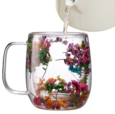 Tazza in vetro con fiori secchi, a doppia parete, tazza in vetro con design a fiori secchi, tazza con fiori secchi a doppia parete, tazza da tè in vetro per tè, cappuccino, bevande fredde