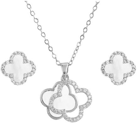 Hanaoops Vierblättriges Kleeblatt Schmuckset für Damen und Mädchen Titan Edelstahl Schwarz Glücksklee Anhänger Halskette und Ohrringe Set Hypoallergen Zierliche Schmuck Set Geschenke (Weißsilber)