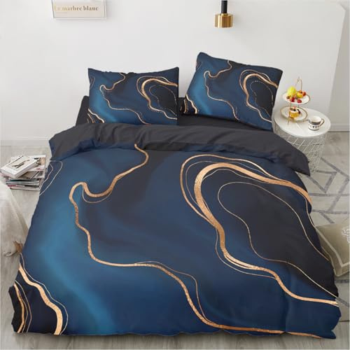 Gezu Marmor Bettwäsche 155x220 3teilig Blau Weiß Gold 3D Marmor Aesthetic Microfaser Bettwäsche Set Luxus Moderne Bettbezug Set mit Metallic-Glitzermuster Teenager Wendebettwäsche und 2 Kissenbezüge