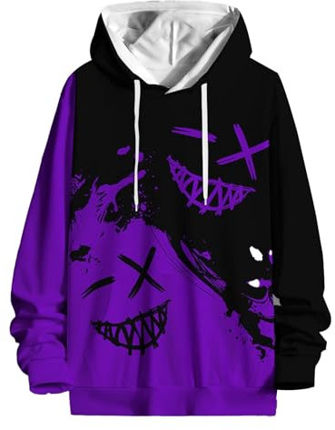 Felpa con cappuccio da uomo con zip e grafica, alla moda, con design unico, vestibilità ampia, da uomo, perfetta per uscite casual e stile quotidiano, Viola, 5XL