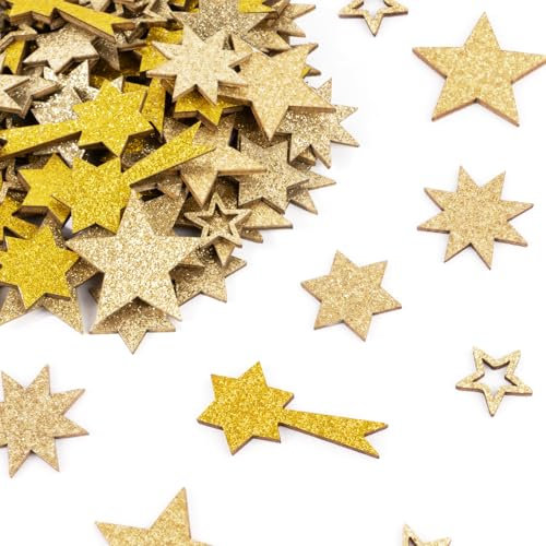 BOFUNX 101 Stücke Sterne Streudeko Mini Holzsterne Glitzer Sterne Deko Gold Sterne Konfetti für Adventskranz Weihnachten Deko Tischdeko DIY Handwerk