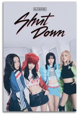 Blackpink Shut Down Druck Albumcover signiert limitiertes Poster, Musikalbumcover, Pop-Hip-Hop-Rap-Sänger, Star, Musikposter, ästhetische Leinwand, Wandkunst für Mädchen und Jungen, Teenager,