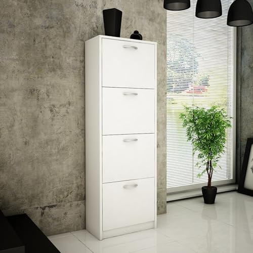 Home Collective Schuhschrank mit 4 aufklappbaren Schubladen Schuhregal mit 4 Fächern weiche abgerundete Kanten 50 cm breit laminierte Platte, platzsparende Schuhaufbewahrung - Weiß