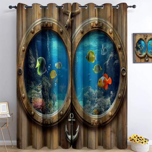 Verdunkelungsvorhang aus Muster Bullauge Eines Retro-Schiffs Fischschwarm für Gardinen mit Ösen Blickdicht für Wohnzimmer Vorhänge Thermovorhang Schlafzimmer H166 x B75 cm (2er Pack), Braun Blau
