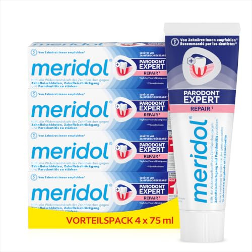 meridol Zahnpasta Parodont Expert 75 ml - Zahncreme wirkt antibakteriell und unterstützt so den natürlichen Heilungsprozess des Zahnfleisch (Packung mit 4)