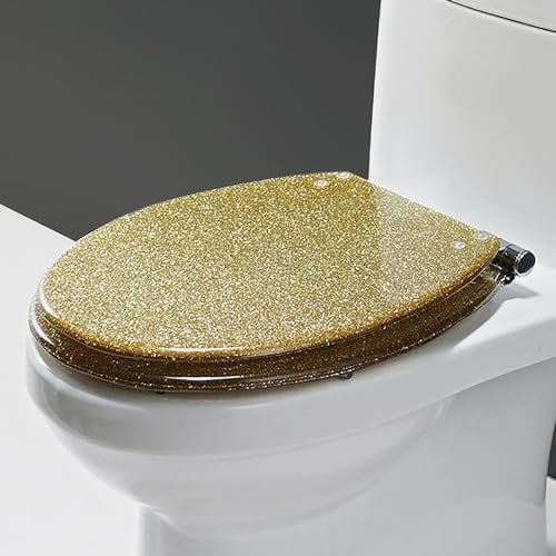 DSeenLeap Glitter Toilet Seat, Sparkle Resin Toilet Seats Soft Close Toilet Seat Top Fixing, Oval Shape Toilet Seat Anti-Slips Seat (Gold)