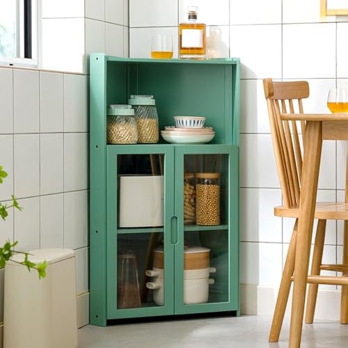 MBBTAG Eckschrank wohnzimmer, weinschrank eckschrank, Transparente Schranktür aus Acryl, weinregal freistehend, Bambus, eckvitrine glas, vitrinenschrank wohnzimmer, Geeignet für Küche/Wohnzimmer(Grün,