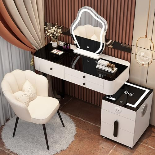 DGPBD Schminktisch mit Spiegel und Hocker, Schminktisch mit 5 Schubladen und gepolstertem Hocker, verstellbare Helligkeit, Spiegel-Make-up-Tisch-Set für Frauen und Mädchen.