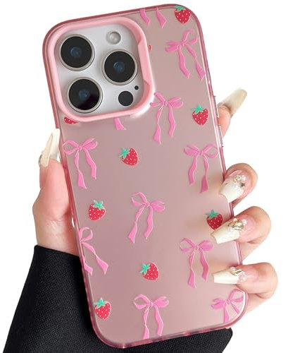 ZTOFERA Pink Case for iPhone 15 Pro Max (6.7), Aesthetic Phone Case with Cute Ribbon Bowknot Pattern, Glossy Hard PC Back Silicone Bumper Shockproof Protective Cover for Girls Women - Strawberry