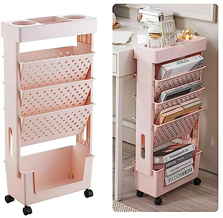 Carrello a 5 ripiani rosa con carrello mobile per libreria multiuso