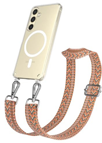 EAZY CASE Handykette - Verstellbares Taschenband kompatibel mit Galaxy S24, Schulterriemen, Handykordel mit Silikon Hülle, Qi Charging kompatibel, Umhängetasche, Orange Grün Silber