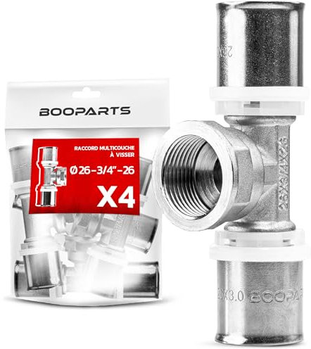 BOOPARTS – 4 Pièces – Té Femelle à Sertir Ø26–3/4F(20/27)–26 | Raccord Multicouche Contour TH | Raccord Plomberie Chauffage Étanche pour Eau Chaude et Sanitaire