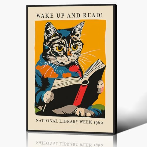 Anslipswar Cat and Book Poster, Wake Up and Read Inspiring Wall Art Canvas, Retro 1960 National Library Week Wall Art, Reading Art for Book Lover, Classic Gallery Wall Decor 30x40cm Framed