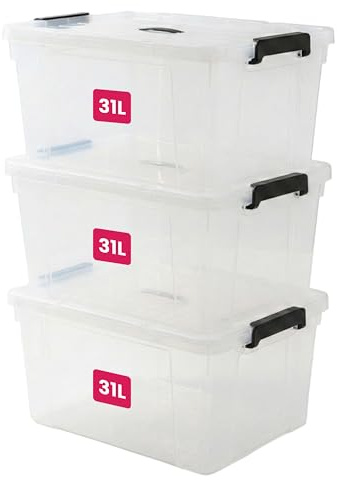 STL Clear Plastic Storage Boxes with Lids, Heavy-Duty Durable Stackable Plastic Storage Containers, Underbed Storage Boxes, Secure Clip-Lock Lid for Home, Office, Kitchen, Toys (3, 31ltr)